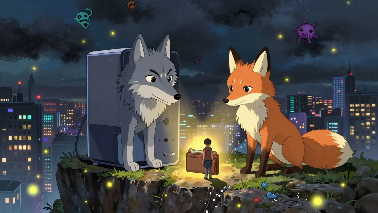 A wolf and fox-shaped VPN server protect a trader's wallet from dark digital storm clouds in Studio Ghibli aesthetic.