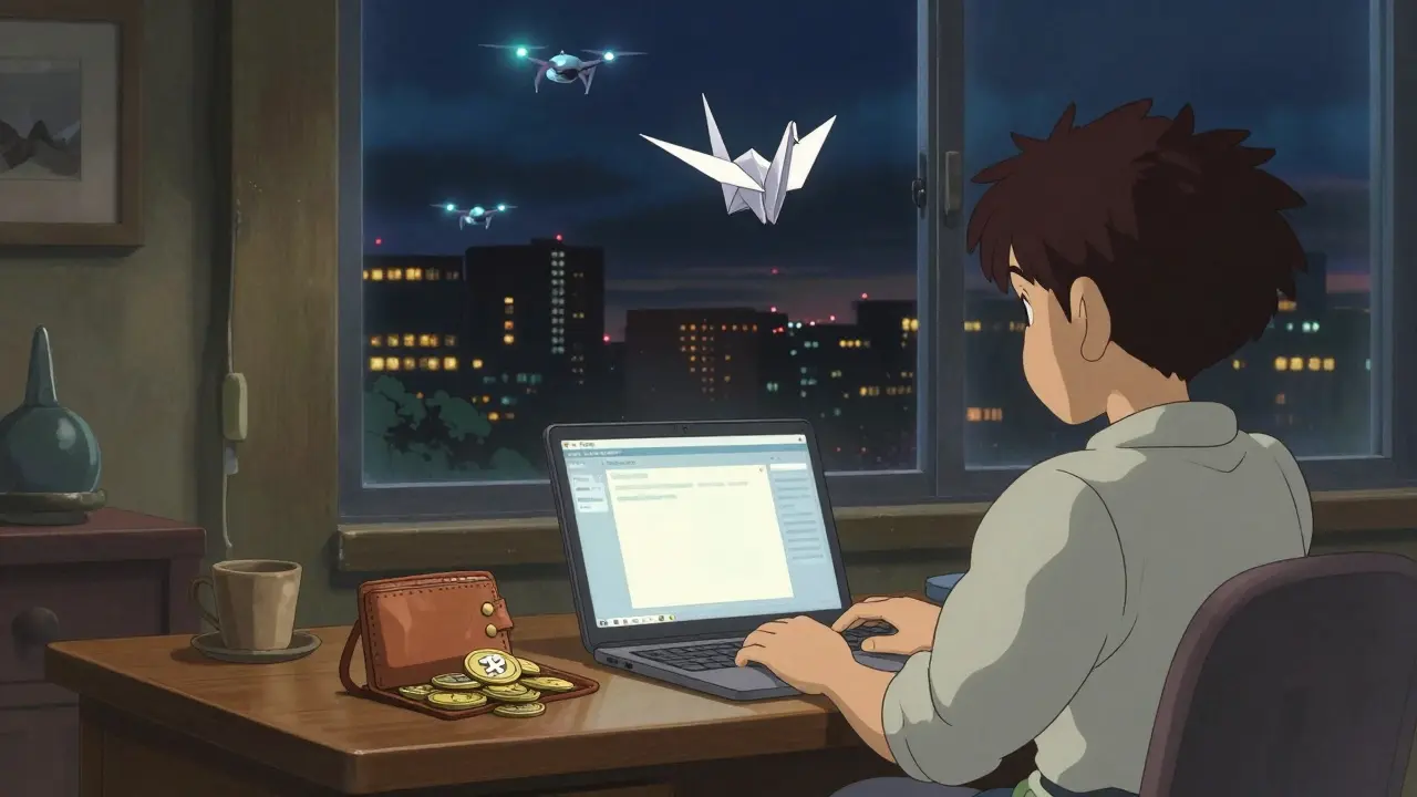 A young person sits at a desk with a blank exchange interface and personal privacy coins, while origami blockchain cranes float toward the window.