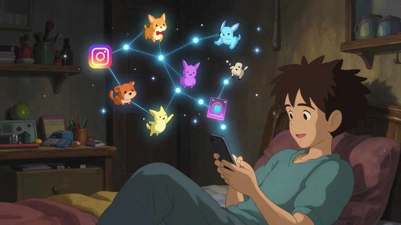 A young person uses their phone at night as a celestial marketplace of living pet-NFTs floats above them, each shaped by their social actions.
