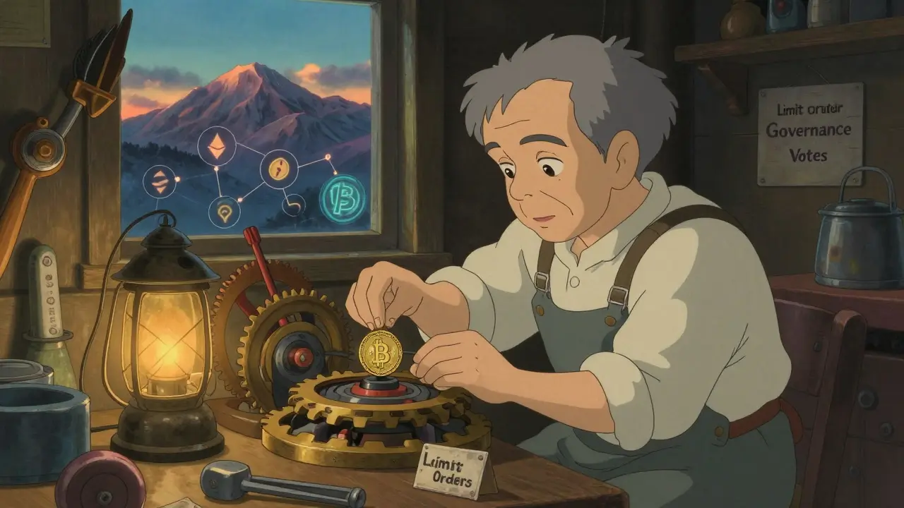 An artisan places a PERRY token into a gear mechanism in a cozy workshop filled with tools for DeFi functions.