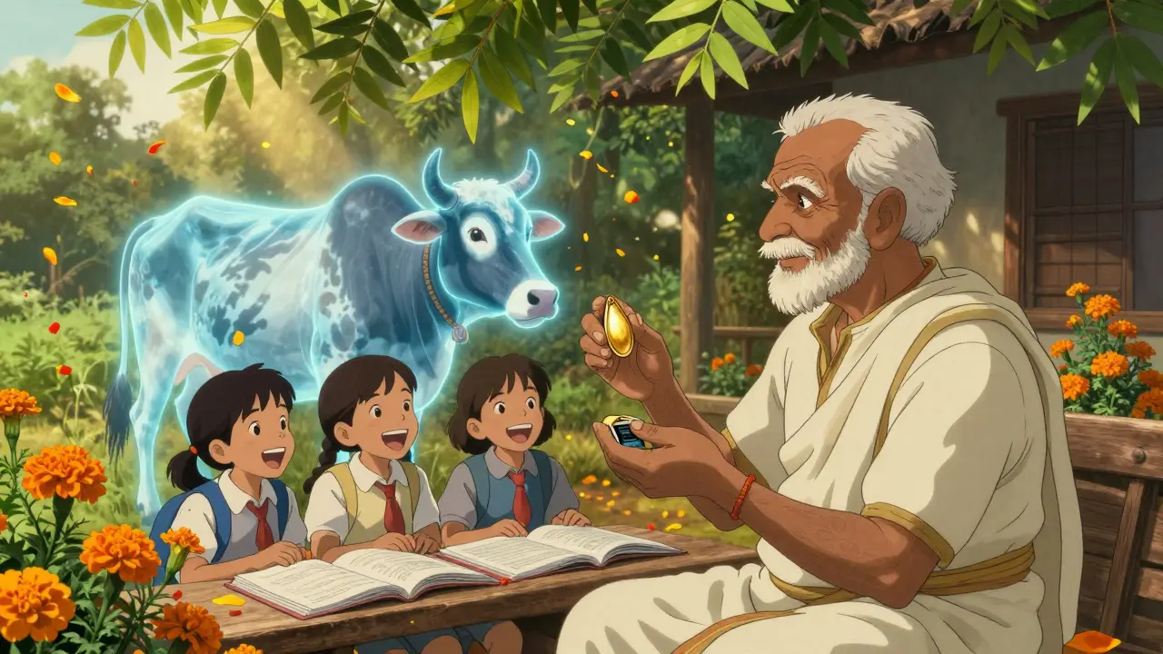 An Indian farmer holds a golden seed token as a holographic cow appears beside him, with children nearby in a sunlit village.