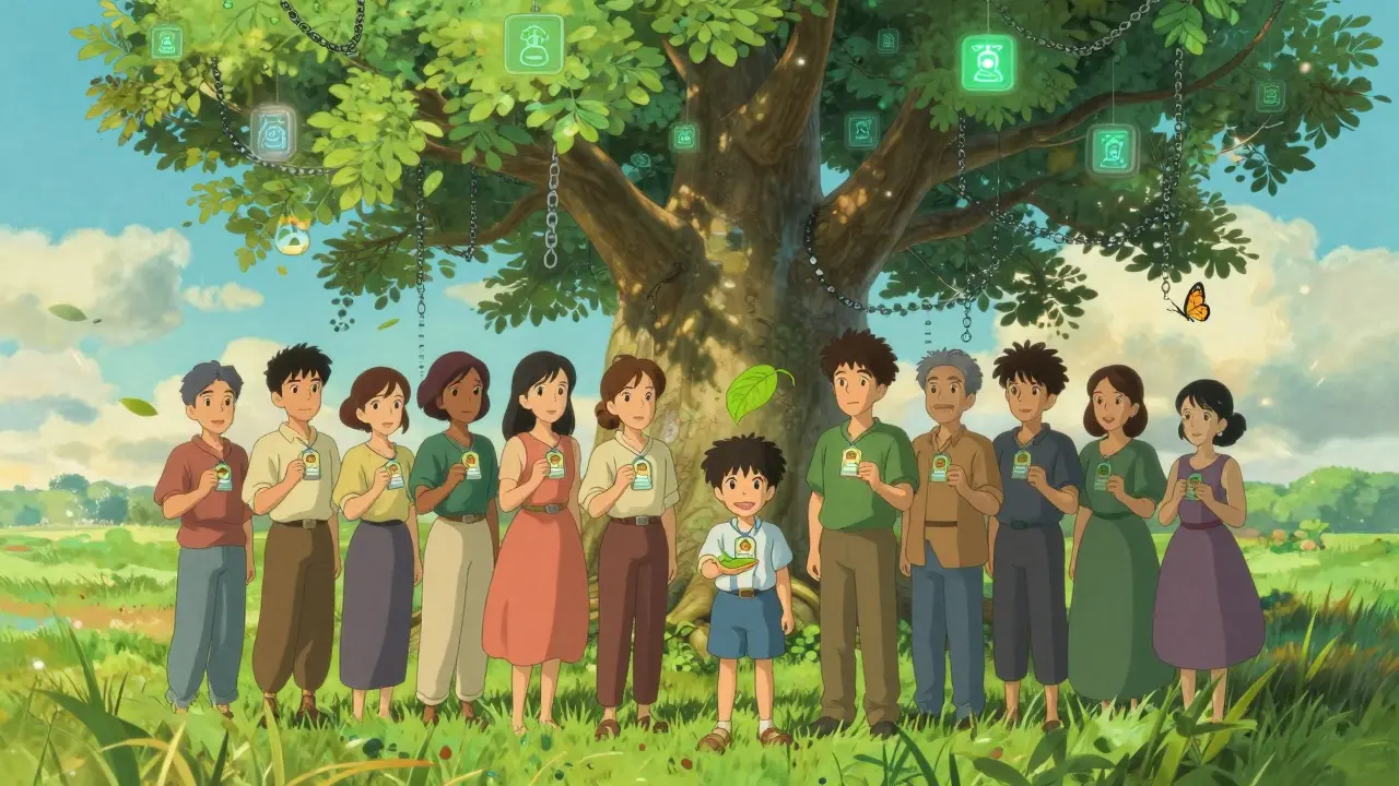 Diverse people stand beneath a giant digital tree of blockchain roots, holding personal tokens as one turns into a flying butterfly.