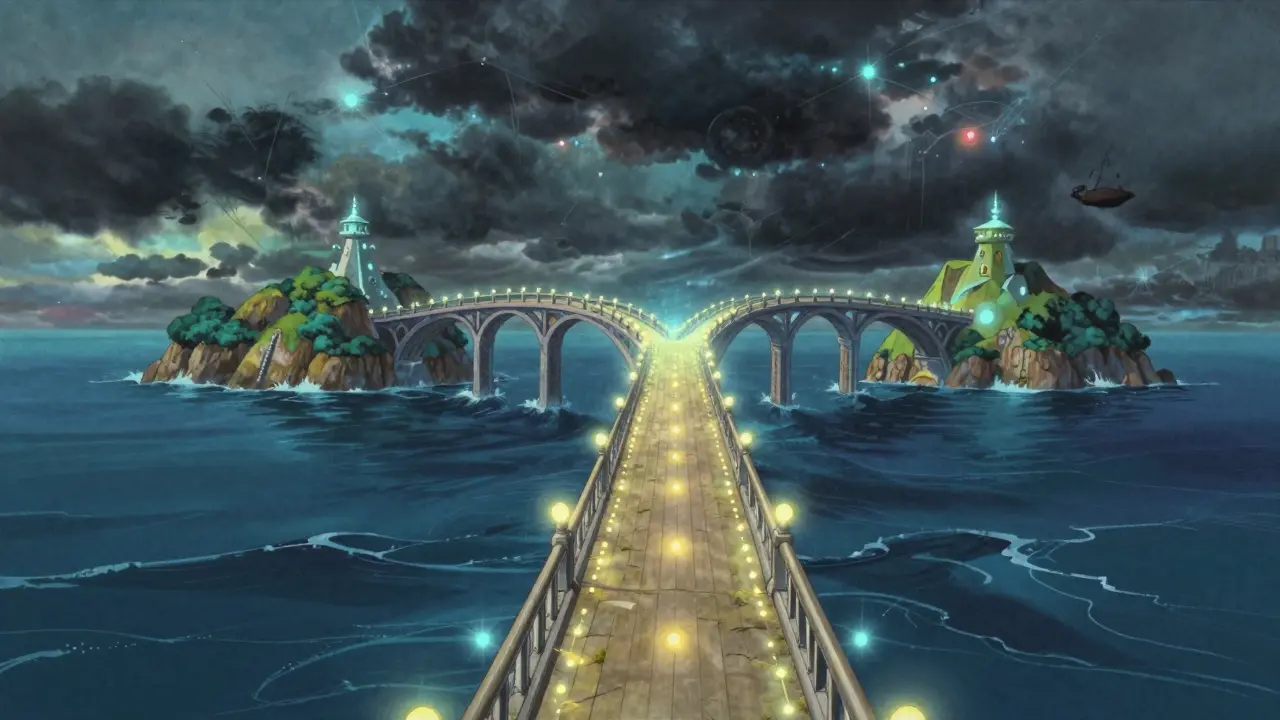 Enchanted bridge spanning a stormy digital sea, protected by light shields representing secure fast payment channels.