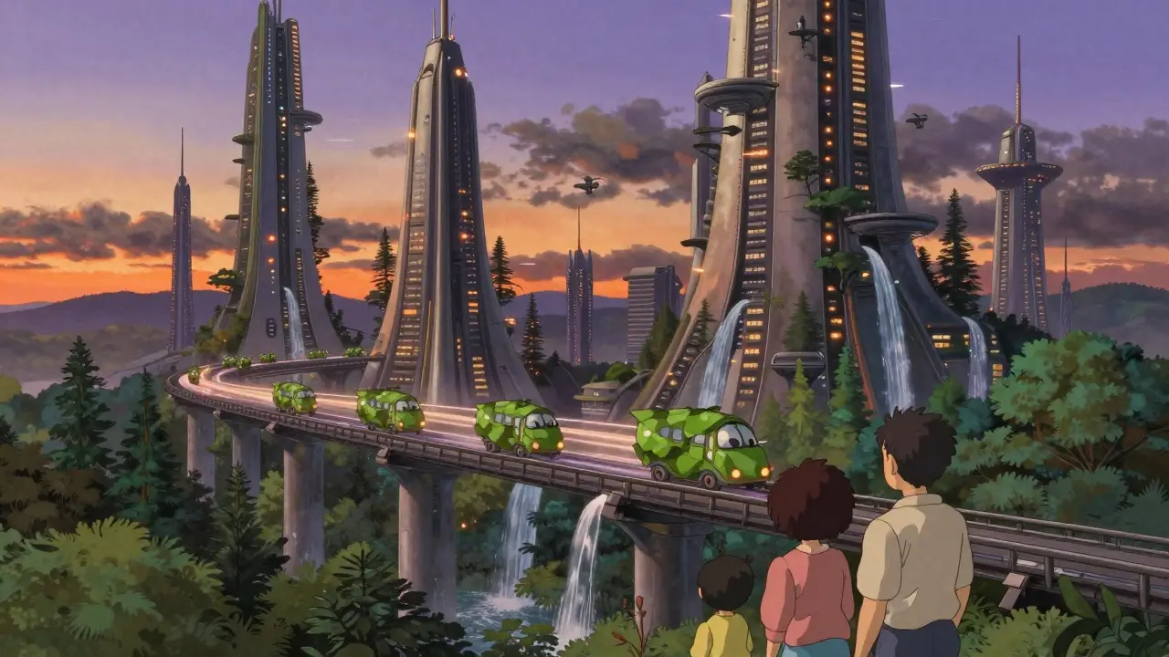 Futuristic city blended with nature under a warm sunset sky.