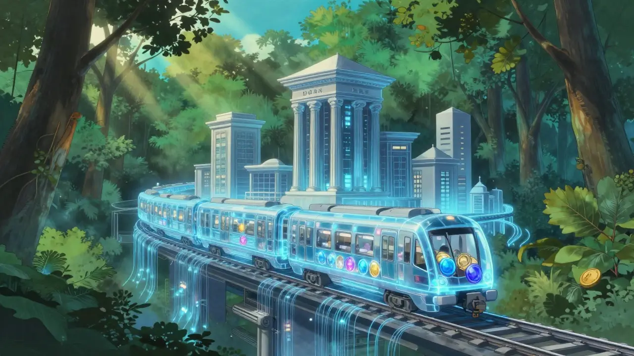 Glowing digital network connecting banks with floating coin vaults.