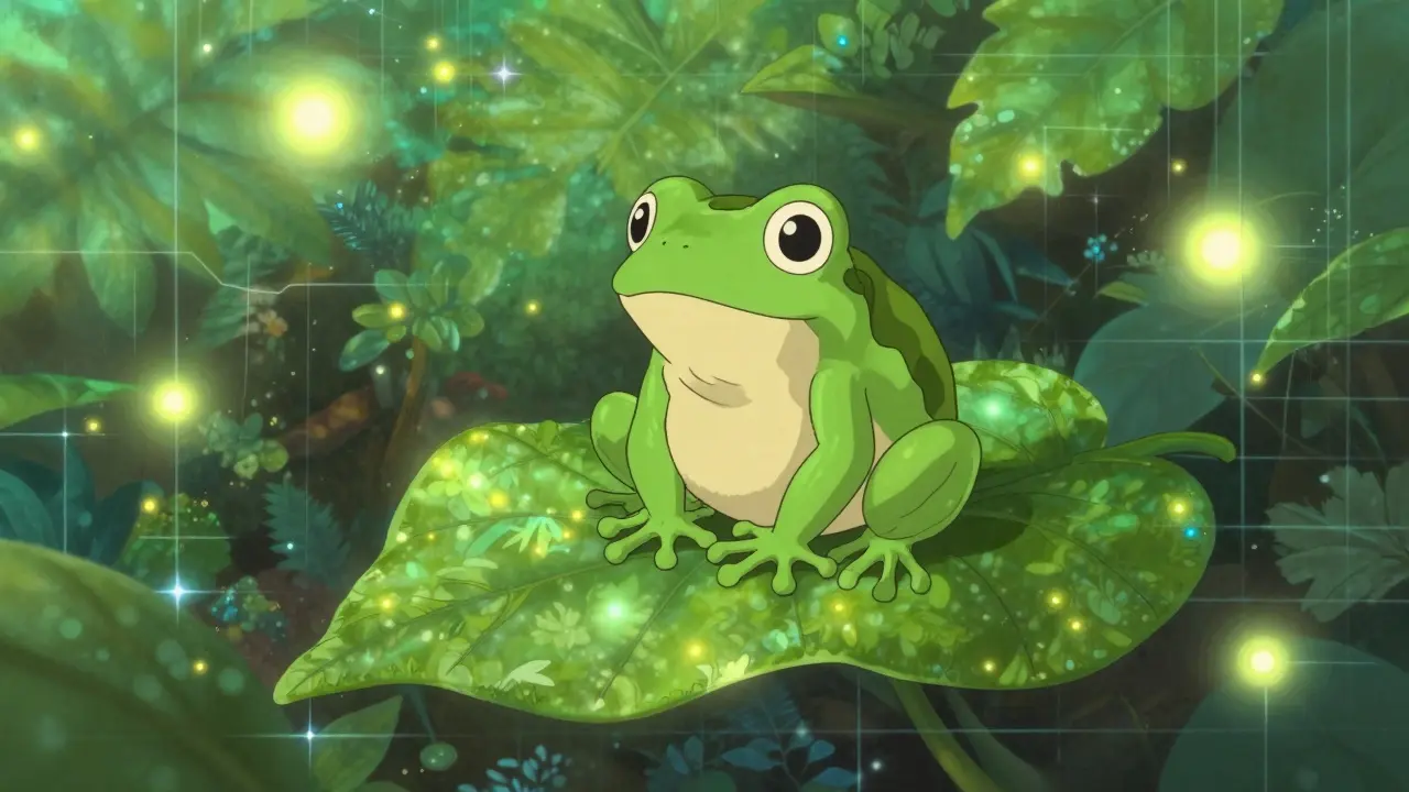 Green frog spirit sitting on a glowing leaf in a digital garden.