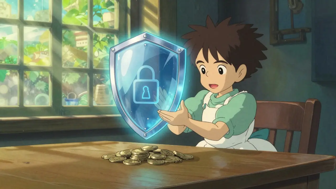 Guardian spirit holding crystal shield over coins on wooden table.