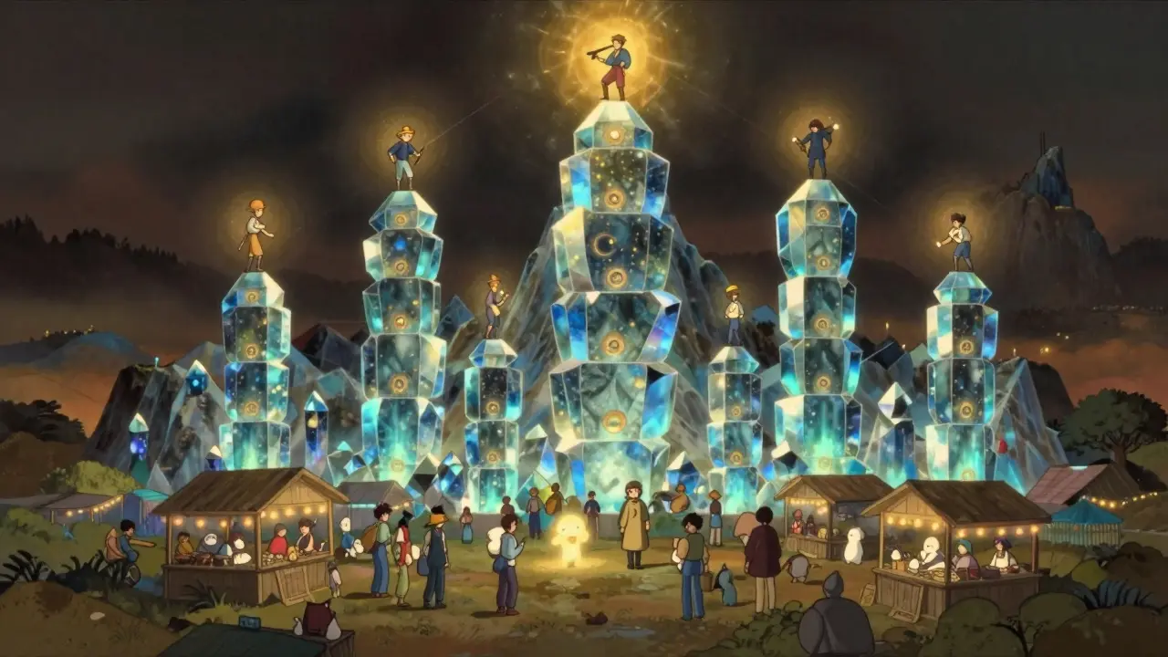 Illustration of a crystal block tower rising from a village market where magical spirits wait in line for validation.