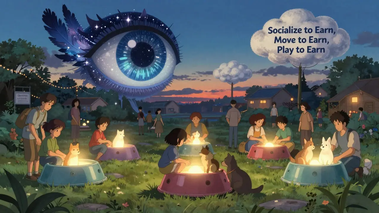 People gather in a park at dusk around glowing pet-themed kiosks, with a gentle AI eye in the sky watching as digital tokens drift like fireflies.