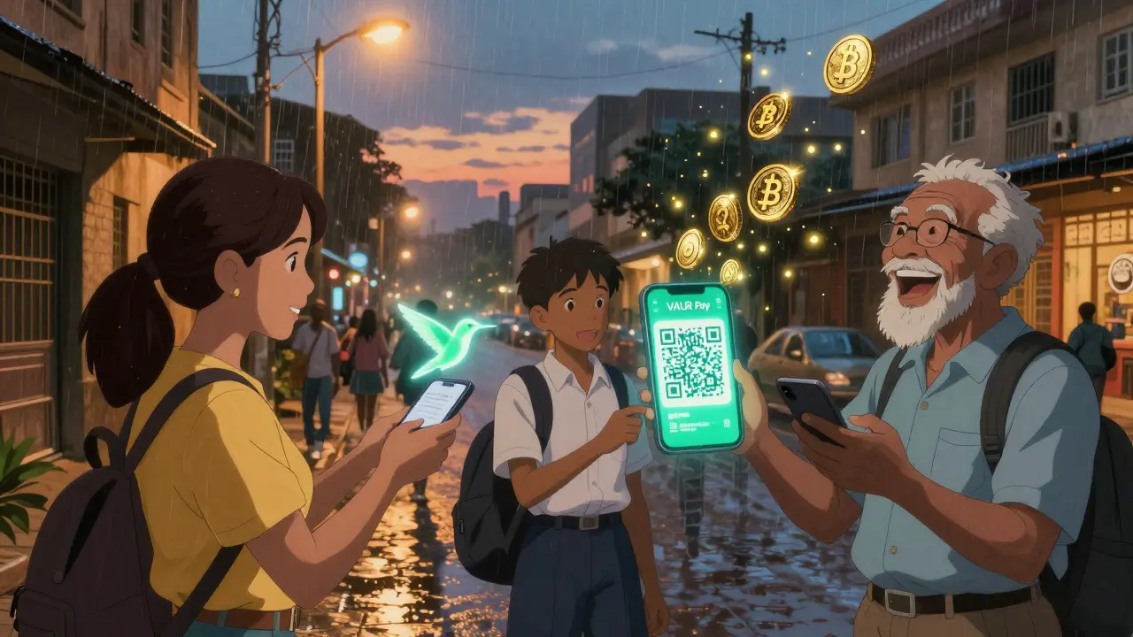 People in Johannesburg use VALR Pay to send crypto via glowing QR codes shaped like hummingbirds, under warm streetlights and misty rain.