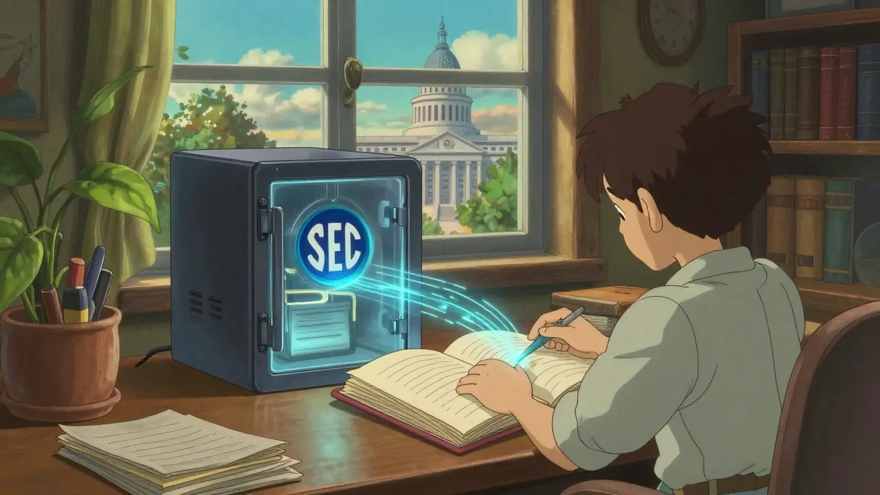 Person organizing crypto ledgers with glowing data streams in office.