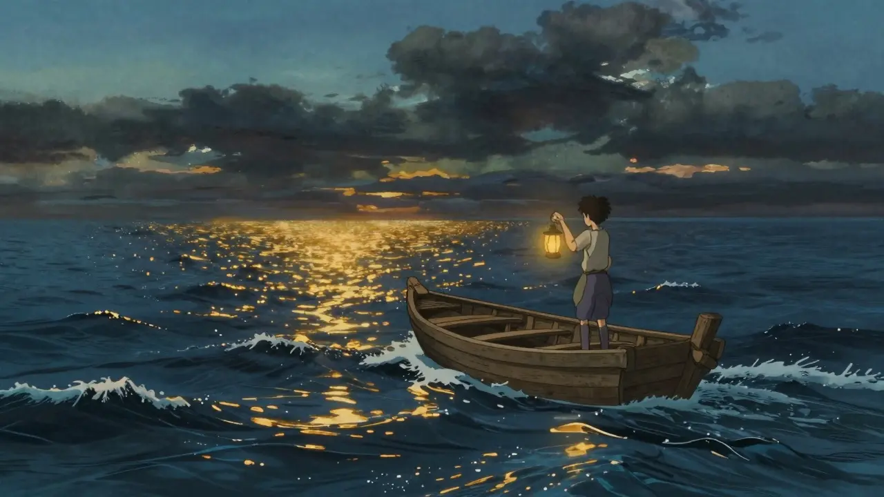 Small boat navigating choppy waters under a dramatic sky.