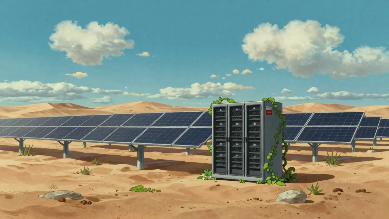 Solar mining farm in desert with green vines in anime style