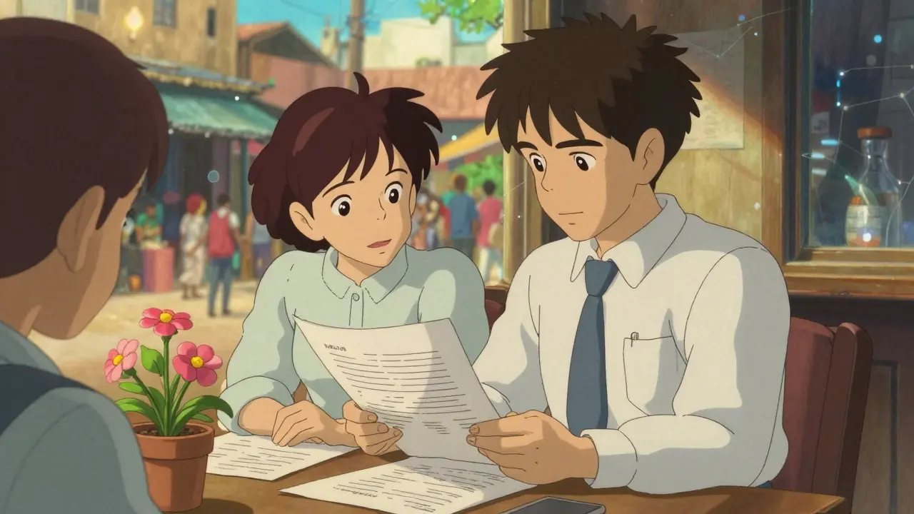 Tax advisor and client reviewing documents in sunlit room.