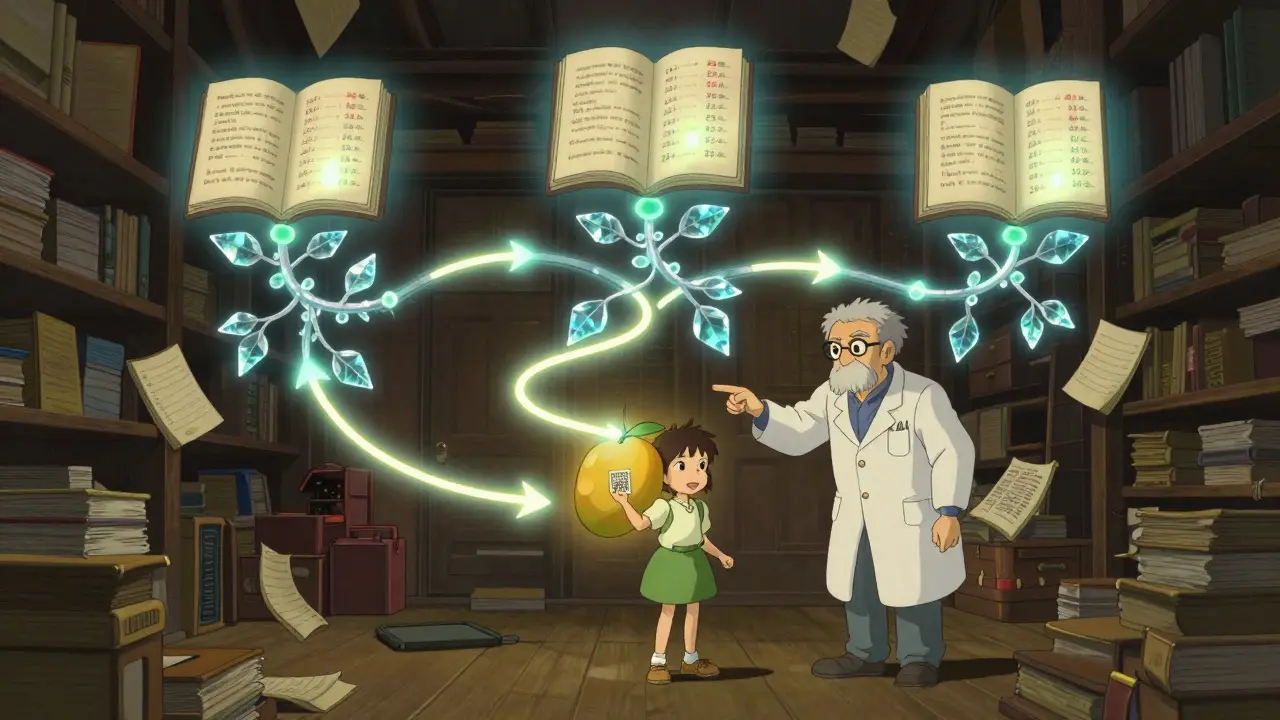 Three glowing roots branch from floating ledgers, with one proof path confirming a mango's journey.