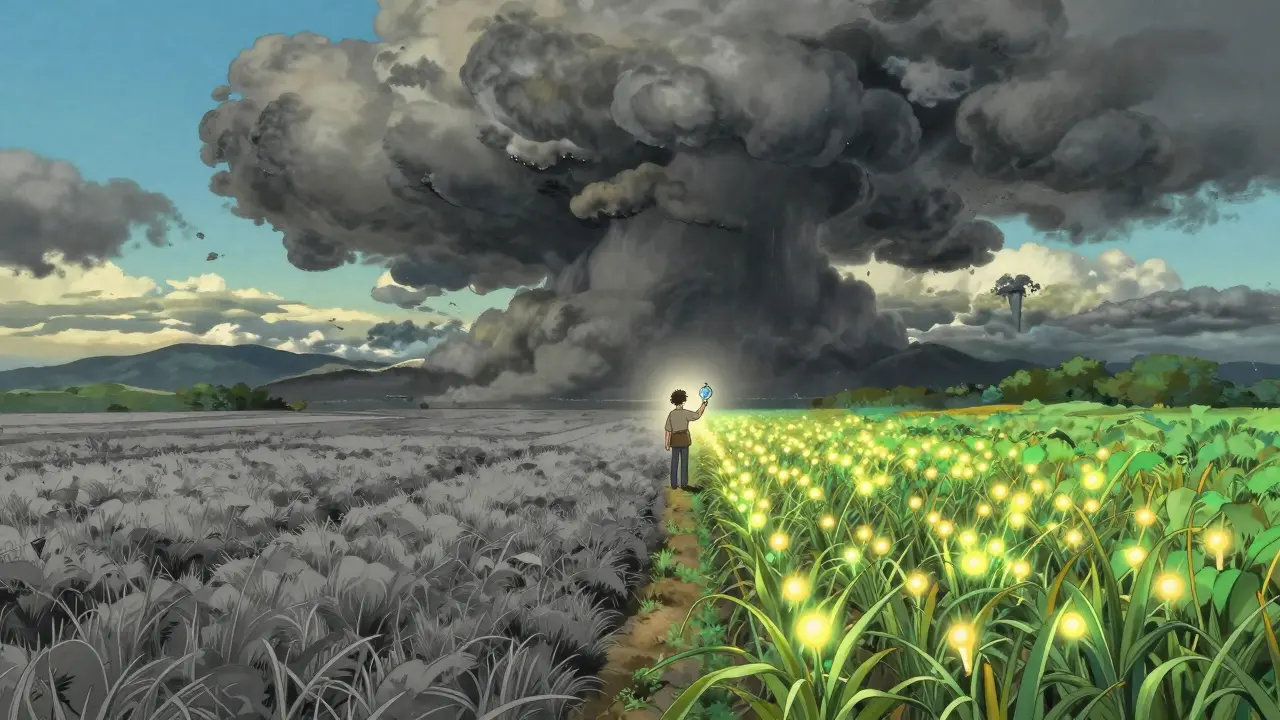 Traveler at boundary between barren grey land and vibrant glowing fields.