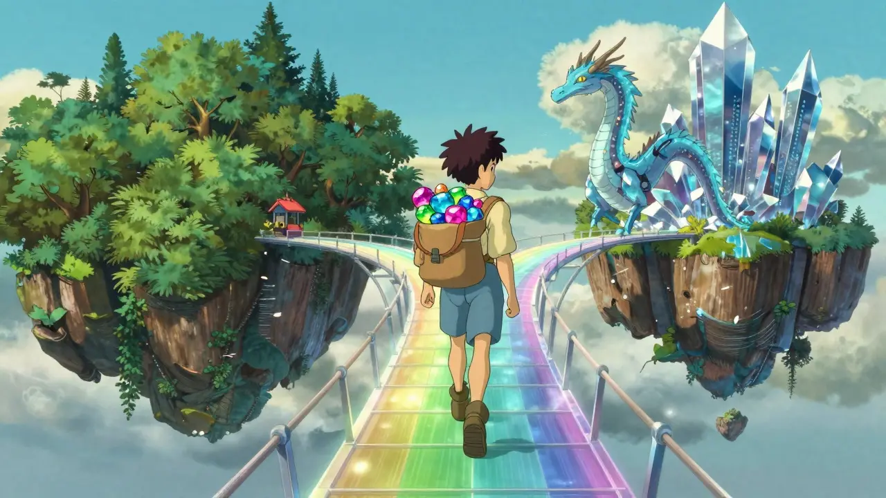 Traveler crossing a mystical bridge connecting floating islands.