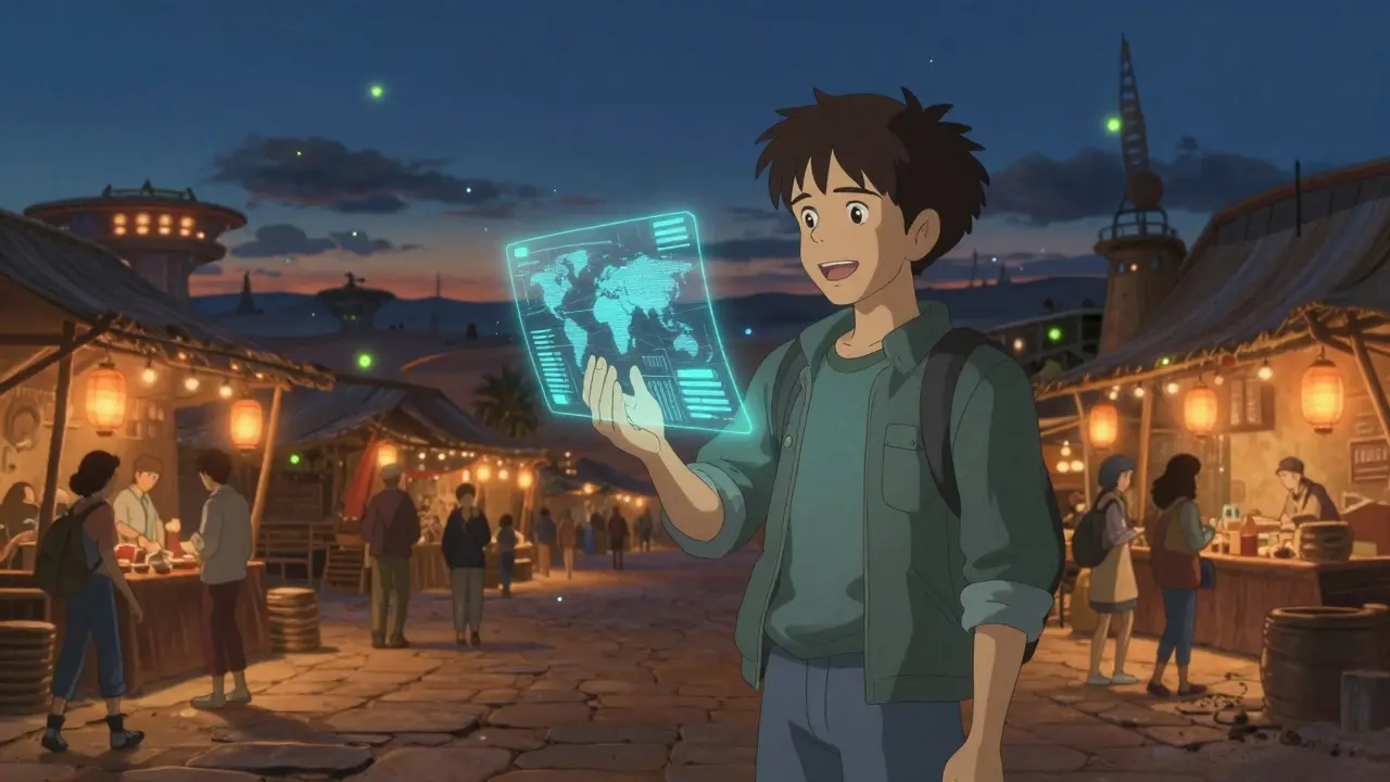 Young person with hologram interface in desert twilight setting