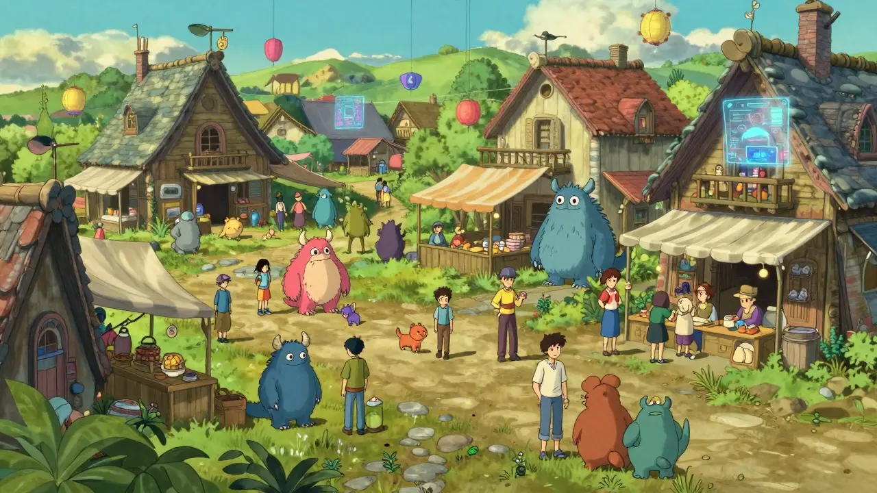 A bustling digital village marketplace filled with various colorful monster creatures.