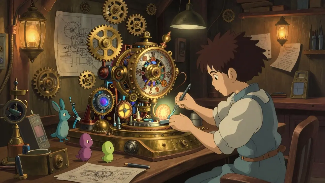 A character building a complex clockwork machine in a cozy, whimsical workshop.