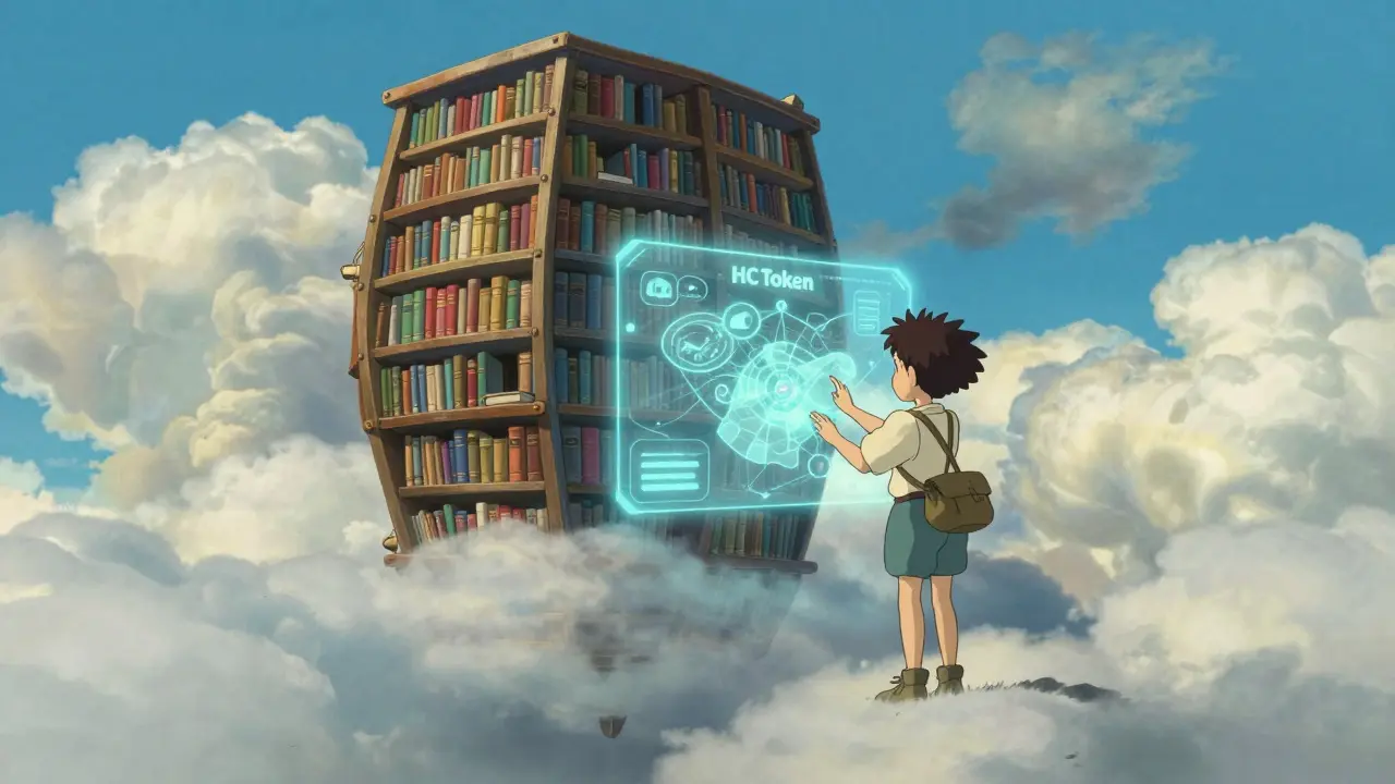 A character using a magical holographic map among fluffy clouds in a digital library.