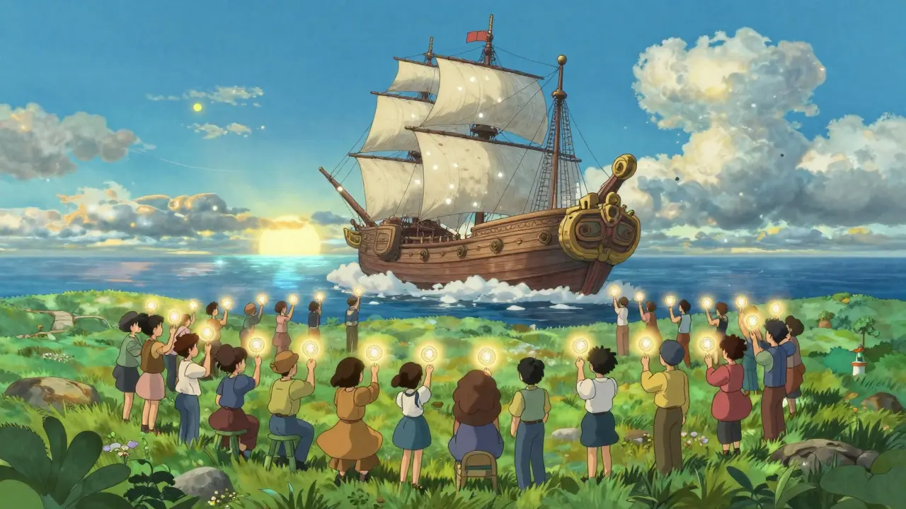 A community steering a giant ornate ship through digital clouds using glowing tokens of light.