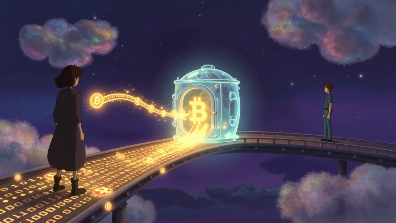 A conceptual golden stream of Bitcoin moving through a digital vault in a starry sky