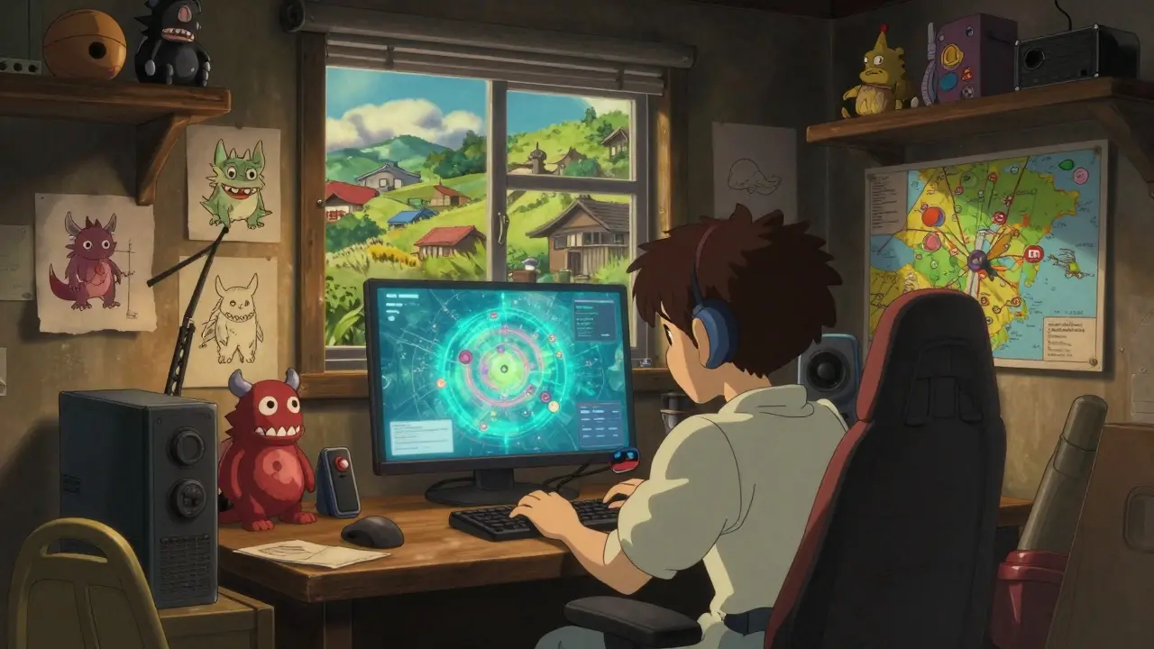 A dedicated gamer in a cozy room studying the PlayerMon universe on a glowing screen.