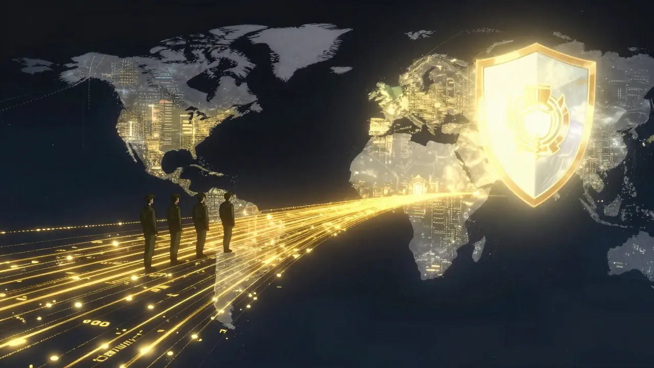 A digital bridge of glowing code between military hackers and security shields