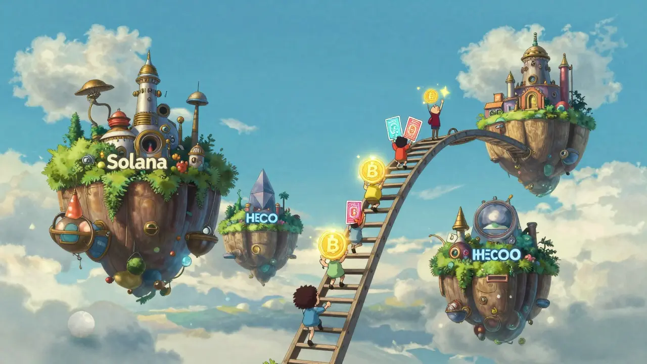 A floating ladder connecting four lush islands with characters carrying glowing digital assets