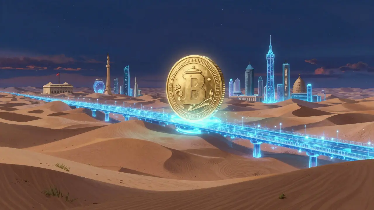 A futuristic bridge of light connecting cities in a desert landscape, Studio Ghibli style.