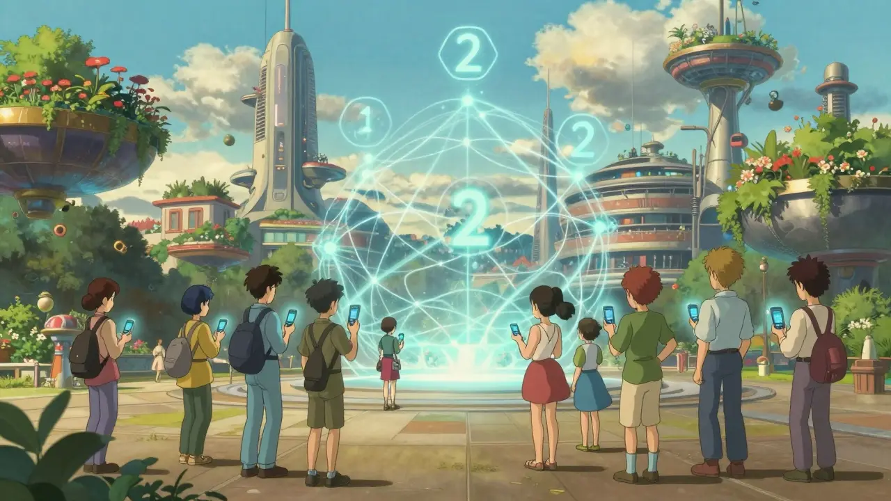 A futuristic Ghibli-style city plaza showing seamless digital transactions