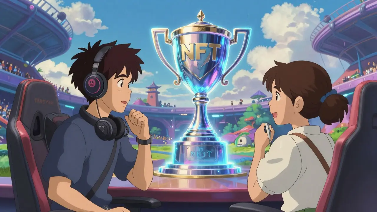A gamer and fan admiring a holographic NFT trophy in a futuristic fantasy setting