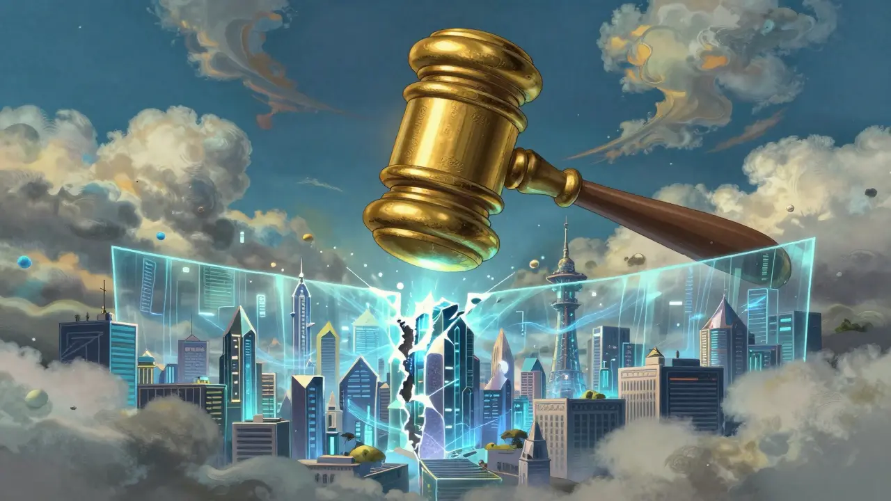 A giant golden gavel descending from the clouds over a shimmering digital city.