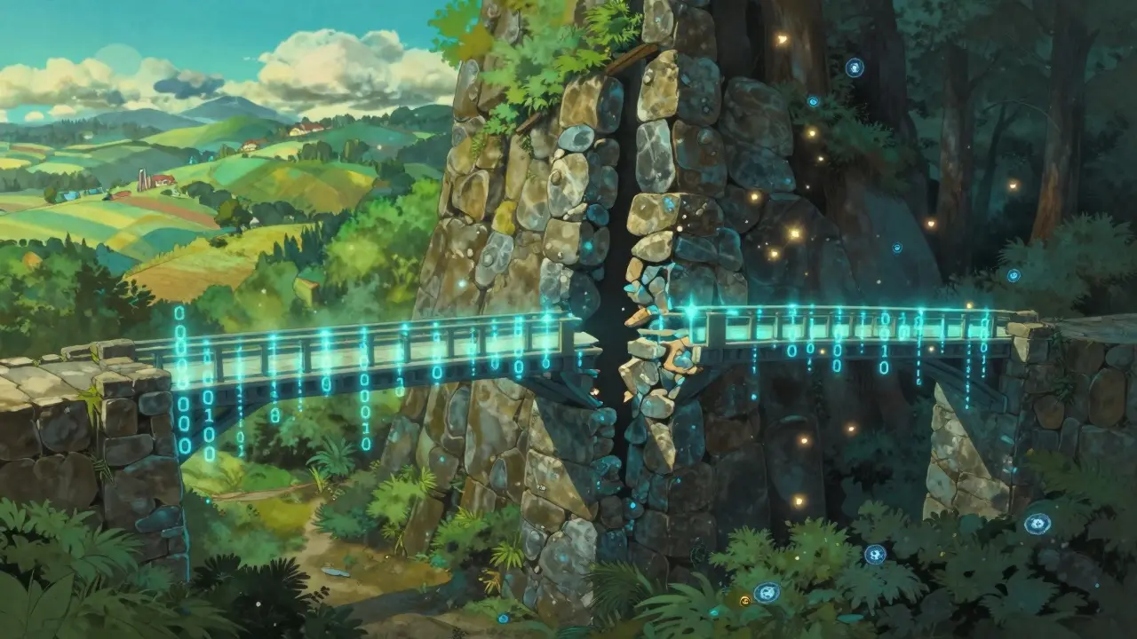 A giant stone wall breaking a digital bridge between a bright city and a dark forest.