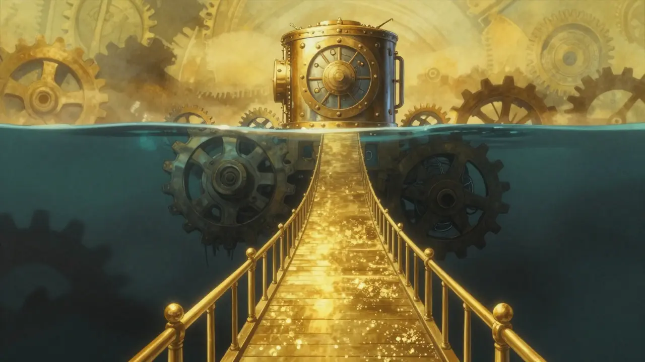 A golden bridge leading to a digital vault with hidden mechanical traps below