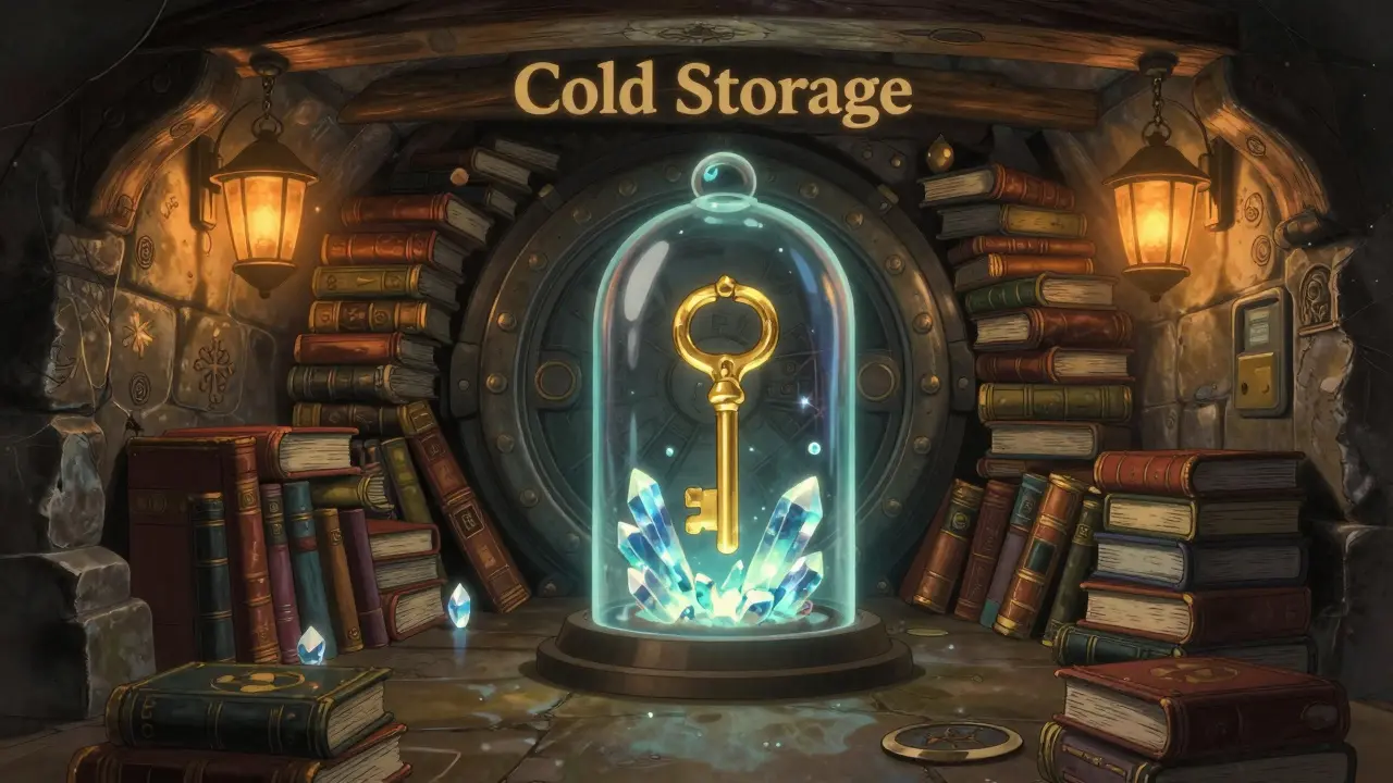 A golden digital key protected in a cozy, secure underground vault.