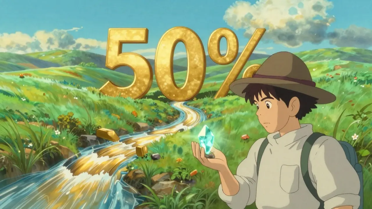 A golden river splitting in two in a lush landscape symbolizing the halving