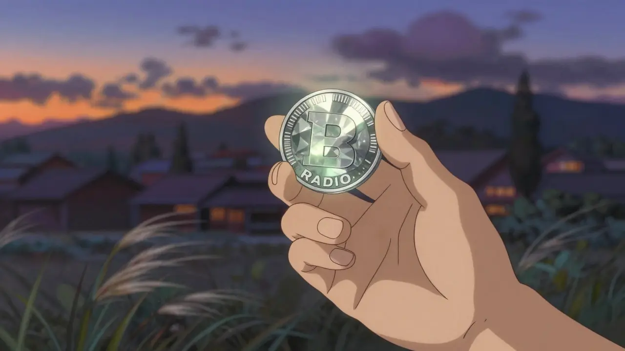 A hand holding a glowing RADIO cryptocurrency token against a twilight landscape.