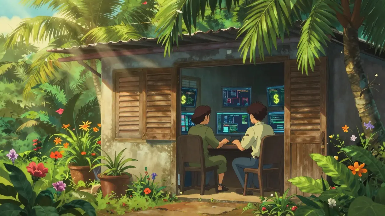 A hidden financial office in a lush, tropical Cambodian landscape