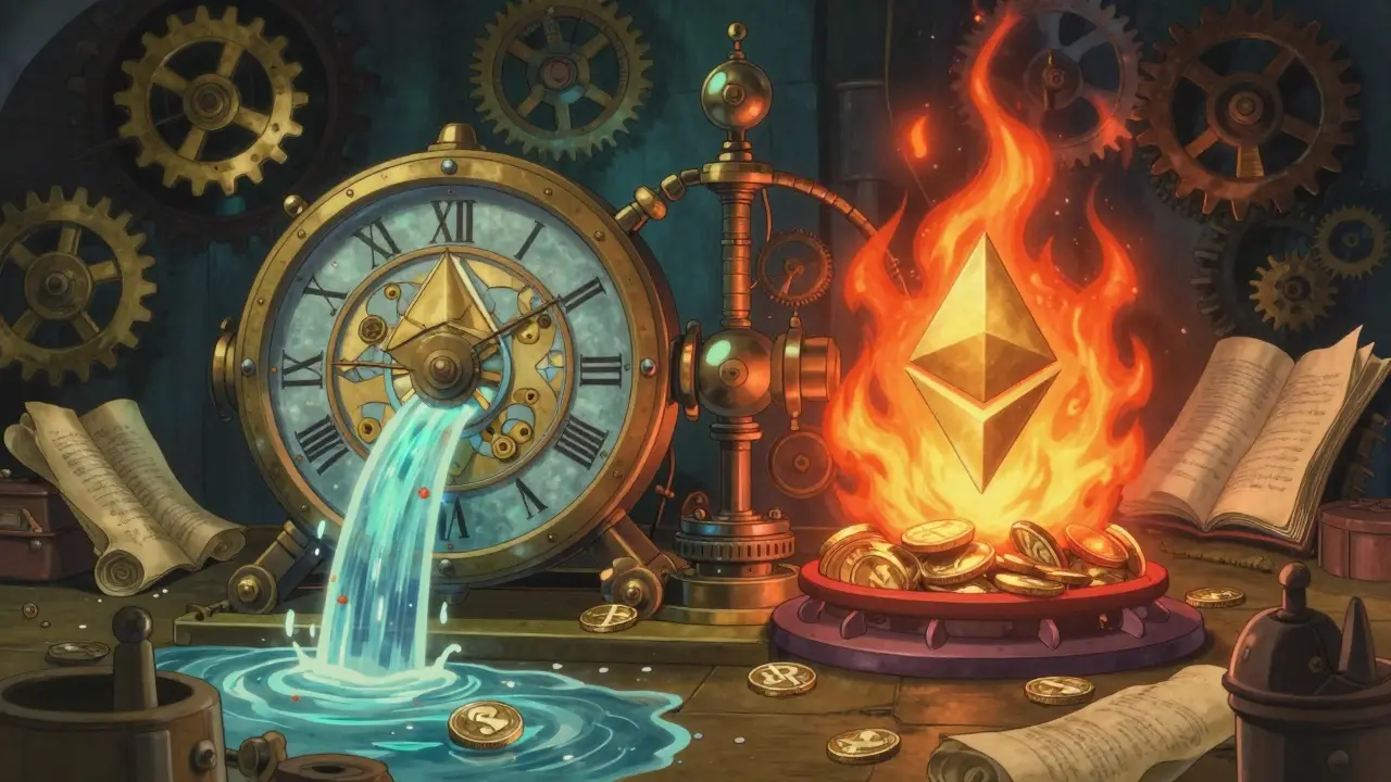 A magical clockwork machine balancing the creation and burning of glowing tokens.