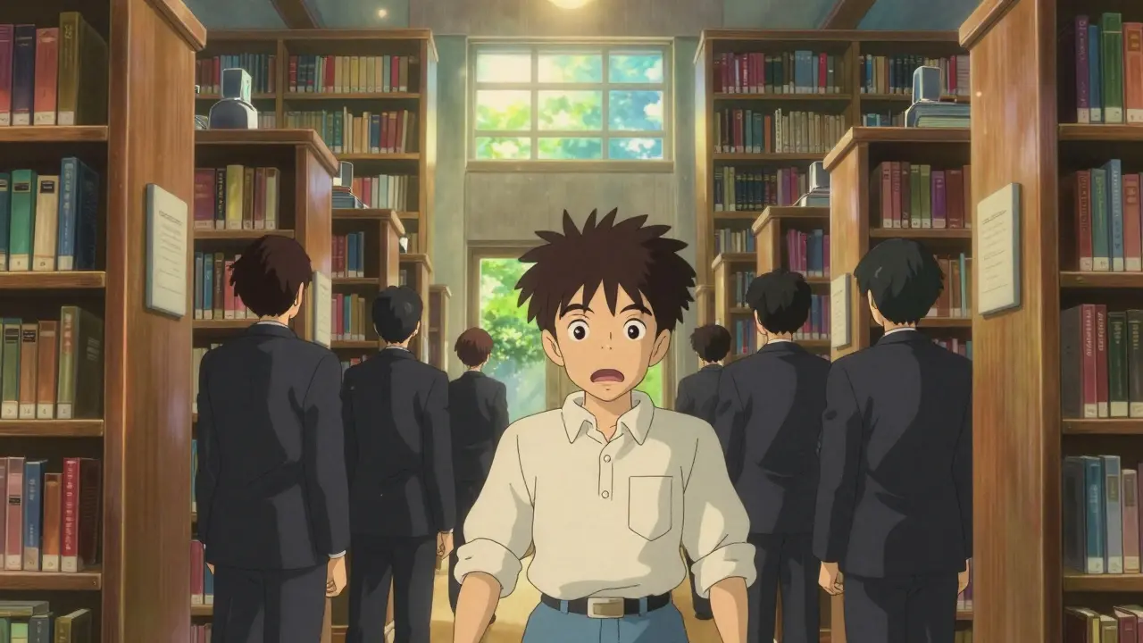 A man being apprehended by agents in a sunlit, classic library with tall bookshelves