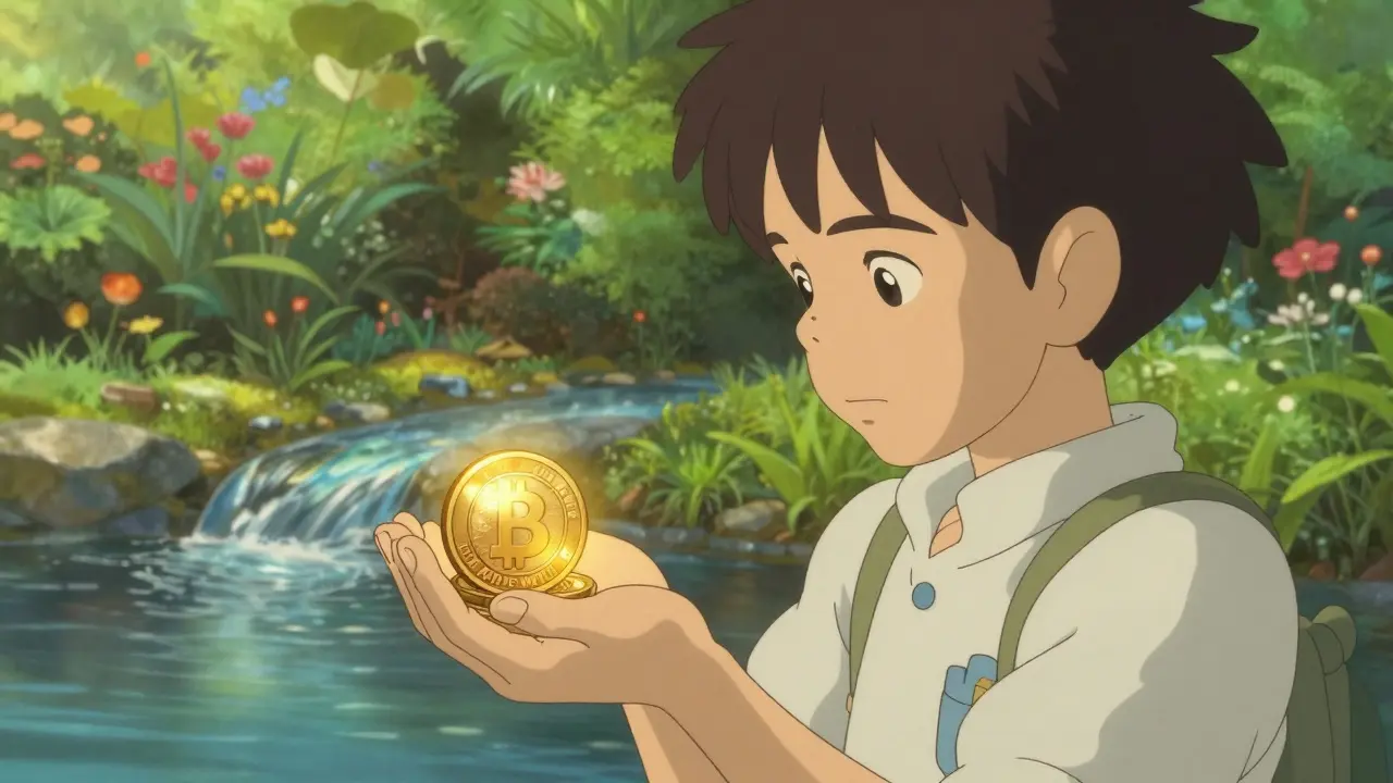 A person thoughtfully holding a digital coin in a peaceful garden setting