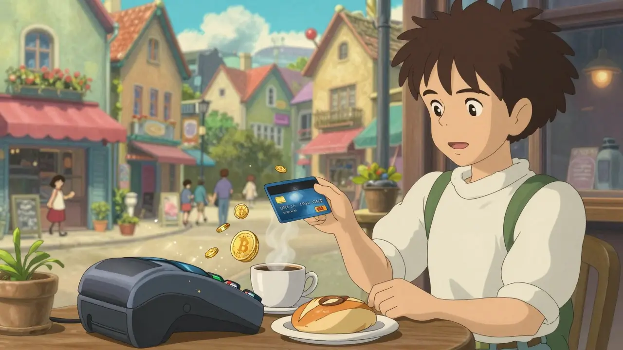 A person using a credit card at a cafe with magical coins symbolizing crypto rewards.