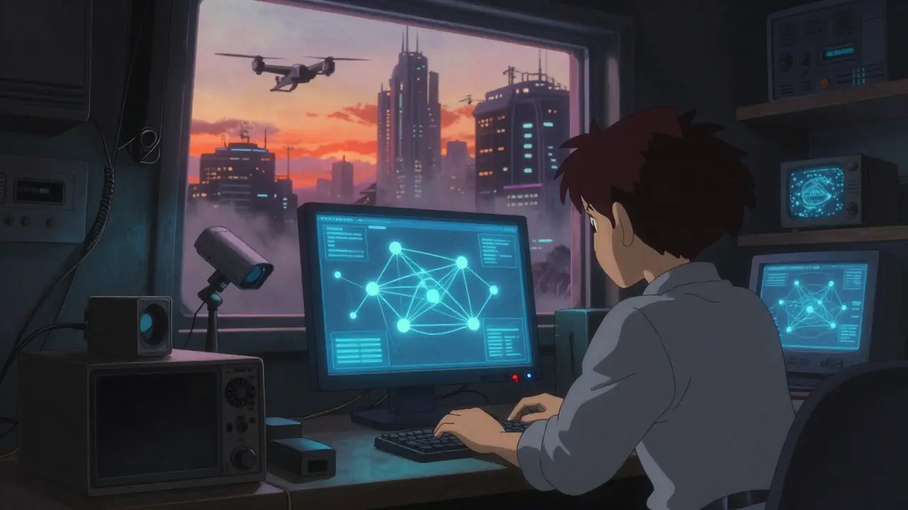 A person using a secret P2P network in a room while surveillance drones fly outside.