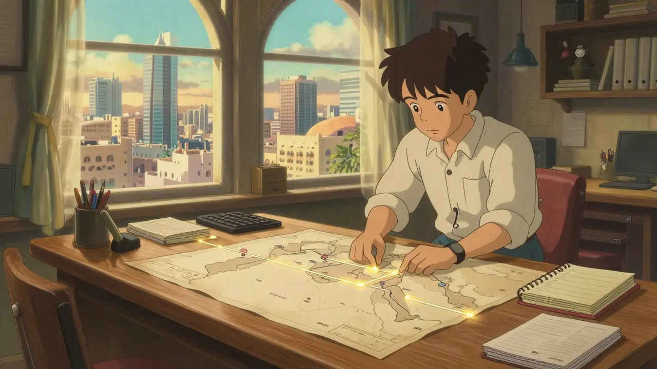 A professional organizing glowing financial route maps on a sunlit wooden desk