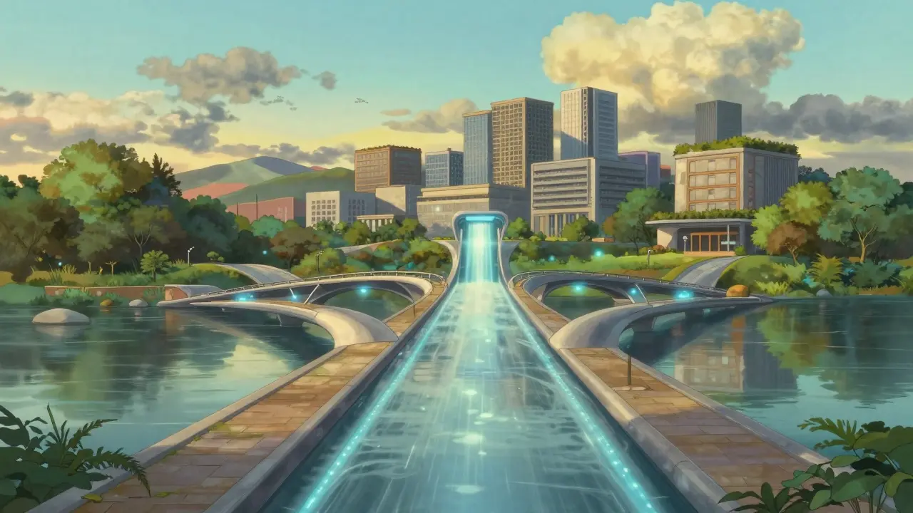 A serene bridge guiding streams of blue light toward a modern cityscape