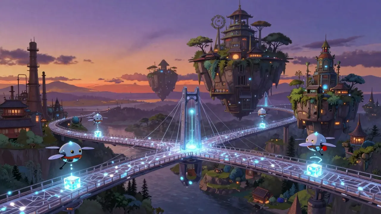 A shimmering bridge of light connecting an industrial city to a floating garden.