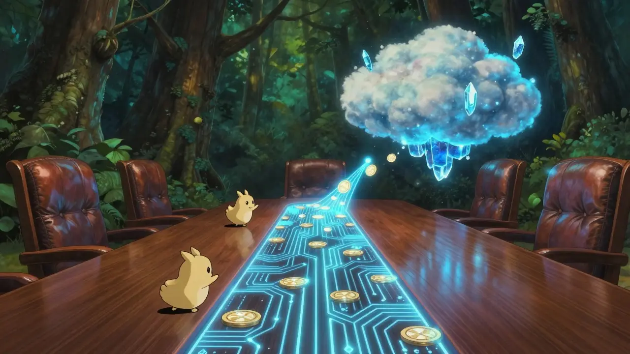 A shimmering digital bridge connecting a boardroom to a blockchain cloud in Ghibli style.