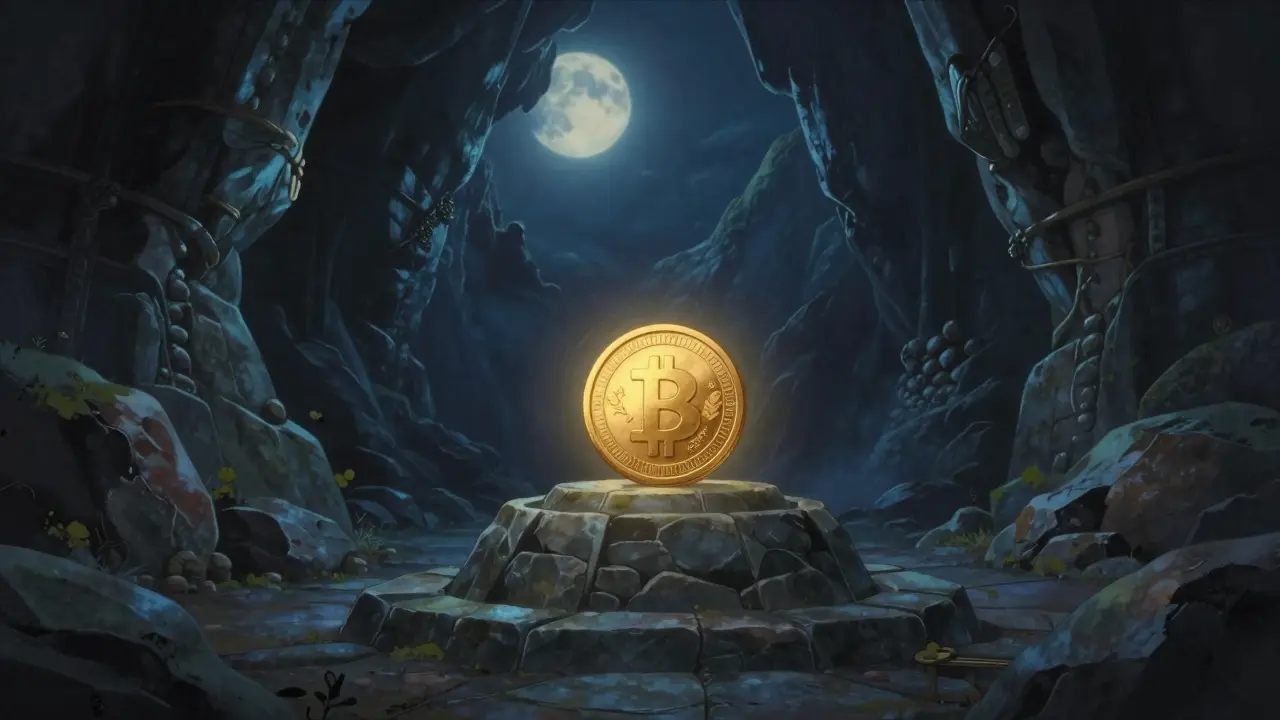 A single glowing golden coin on a pedestal inside a quiet, mystical mountain vault.